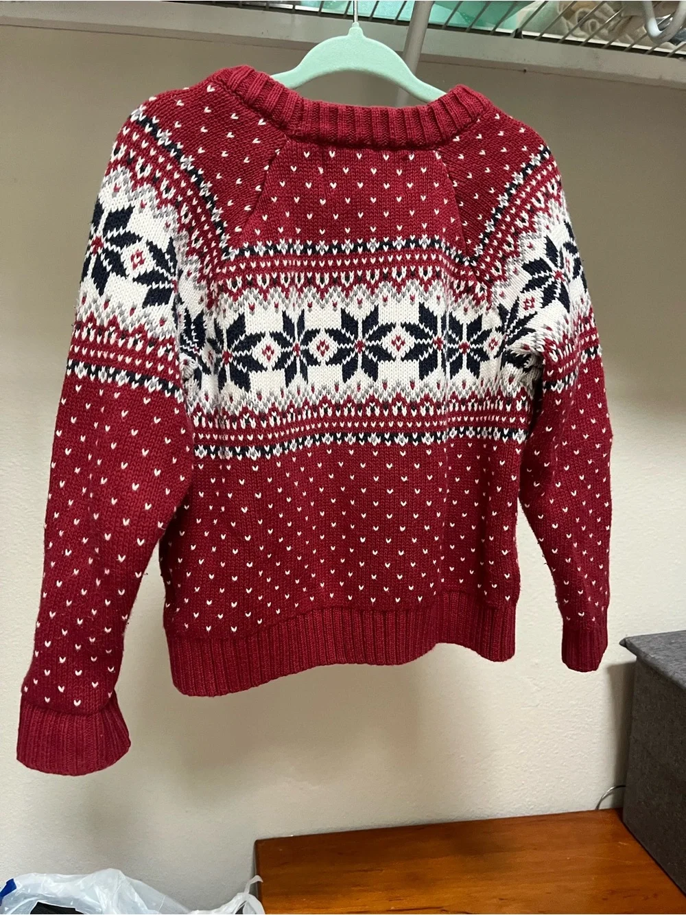 Old Navy Red Fair Isle Crewneck Sweater with White and Navy Accents